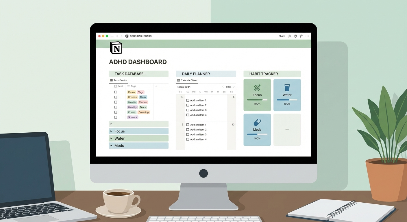 Notion workspace showing an ADHD dashboard with task database, daily planner, and habit tracker views