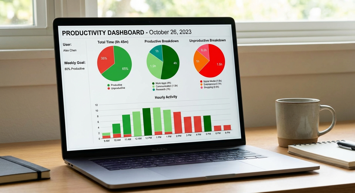 RescueTime dashboard showing a daily breakdown of productive versus unproductive screen time with color-coded categories