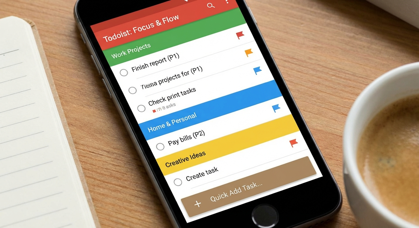 Todoist app interface showing a clean task list with color-coded projects and priority flags on a smartphone screen